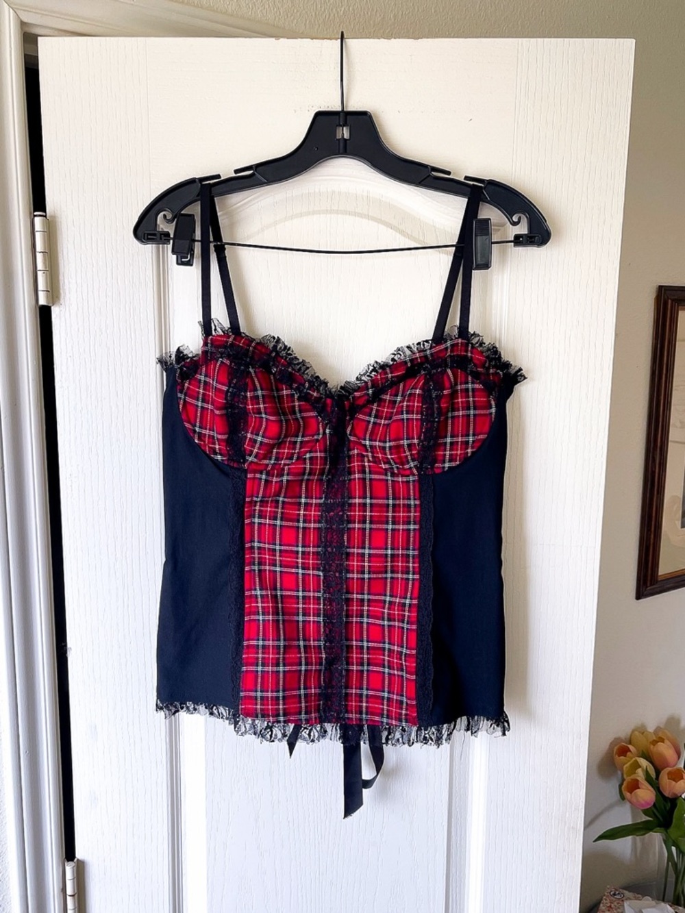 Lip Service Plaid Lace Corset Bustier Satin Lace Up Black‎ Red XL EUC